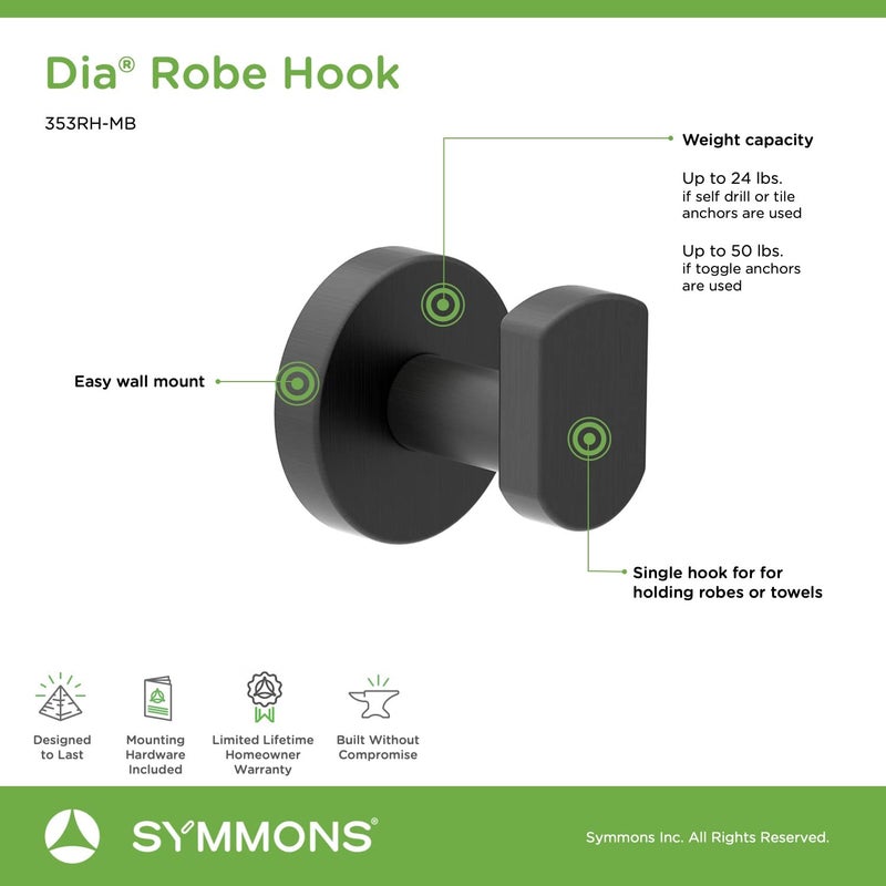 Symmons 353RH-MB Dia Wall-Mounted Robe Hook in Matte Black - Image 4